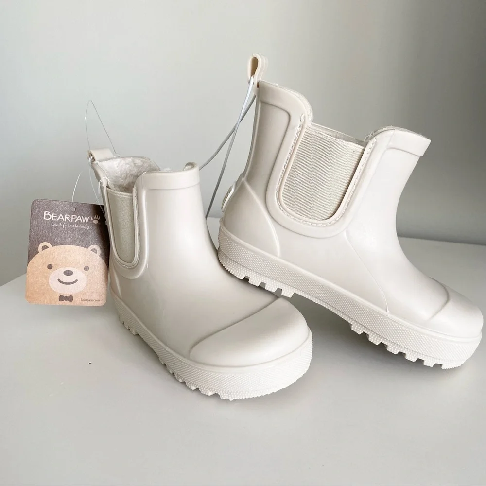 BearPaw Kids Cream Grey Neutral Chelsea Rain Boots - Slip-On Waterproof Boots